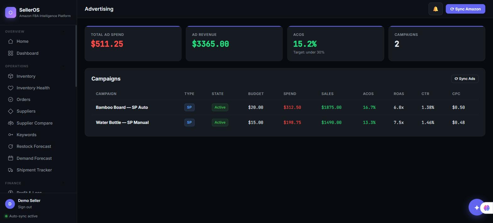 SellerOS advertising dashboard showing ad spend, ACOS and campaign-level performance