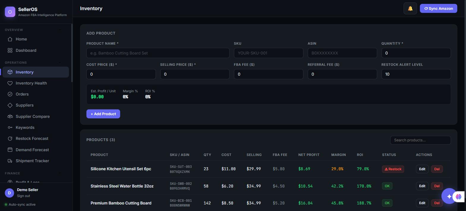 SellerOS inventory screen showing cost, selling price, margin and ROI per product