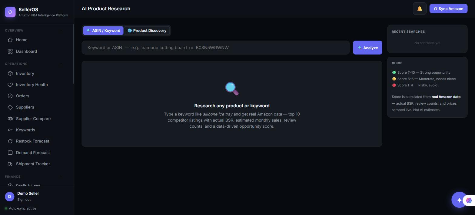 SellerOS AI product research screen for analyzing a keyword or ASIN