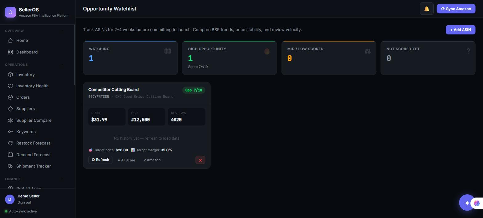 SellerOS opportunity watchlist tracking a competitor ASIN's price, BSR and reviews